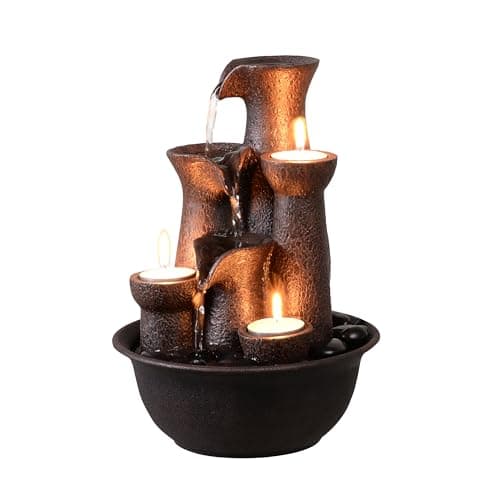 Tabletop Fountain 3 Candles, Indoor Waterfall Fountain for Meditation, Desktop Waterfall Fountain 3 Tiered, Resin Room Decor for Office Home Relaxaion, Housewarming Gifts New Home, Brown with Rocks
