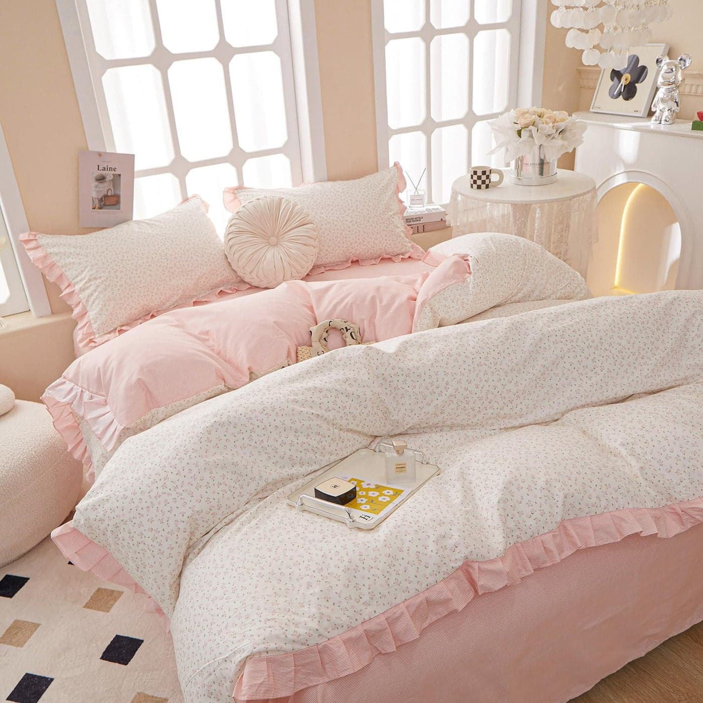 AMZTOP Romantic Pink Floral with Ruffle 100 Cotton Duvet Cover Queen Size Set 3Pcs Teen Girls Flower Comforter Cover with Zipper Closure Princess Vintage Bedding Sets 90x90