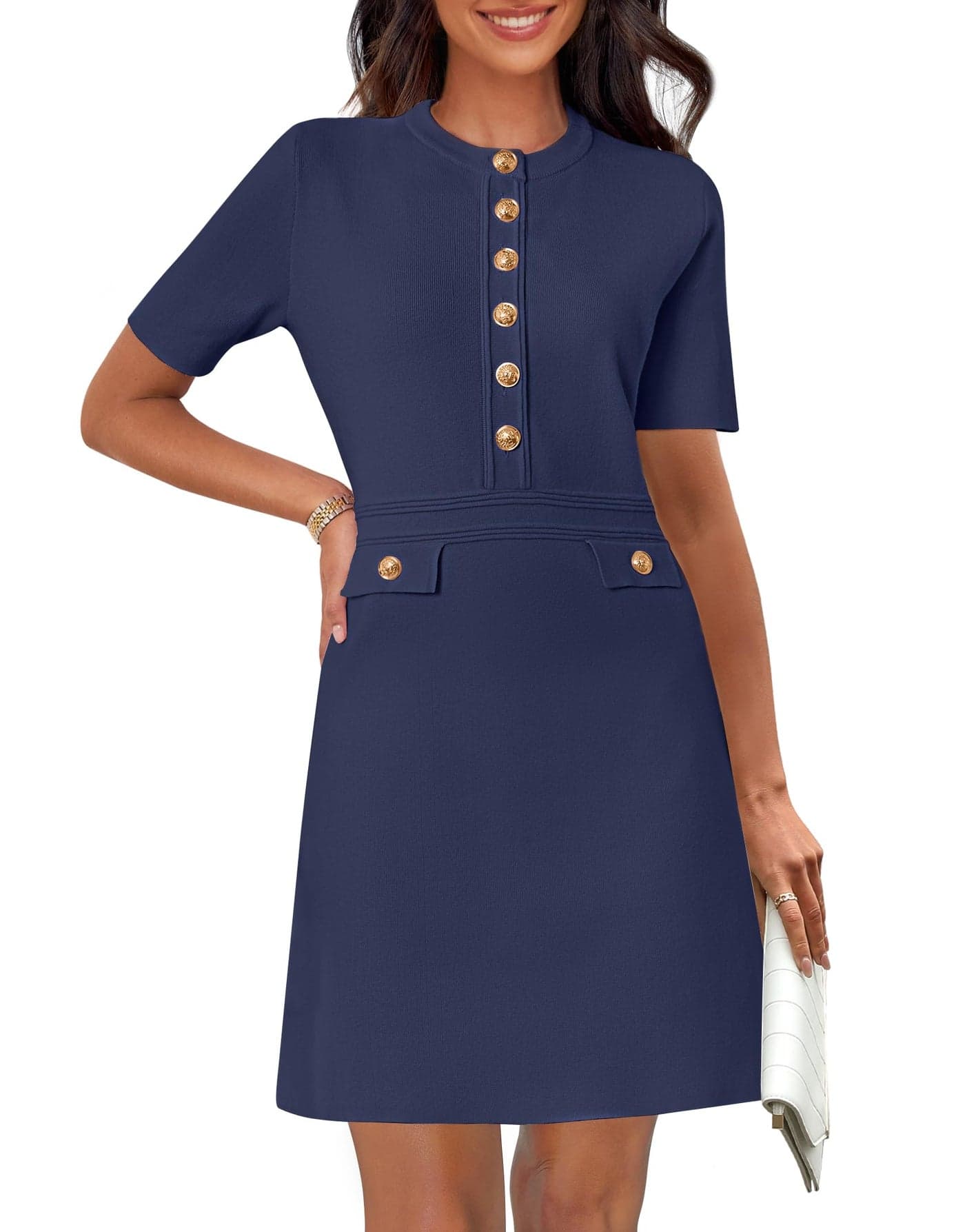 MEROKEETY Women's Knit Bodycon Sweater Dress Button Short Sleeve Crew Neck Elegant Formal Mini Dress, Navy, Small