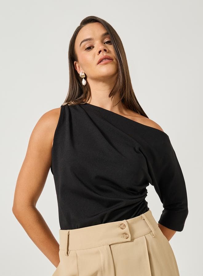 Ruched Asymmetric Neckline Fitted Top With Metal Trim