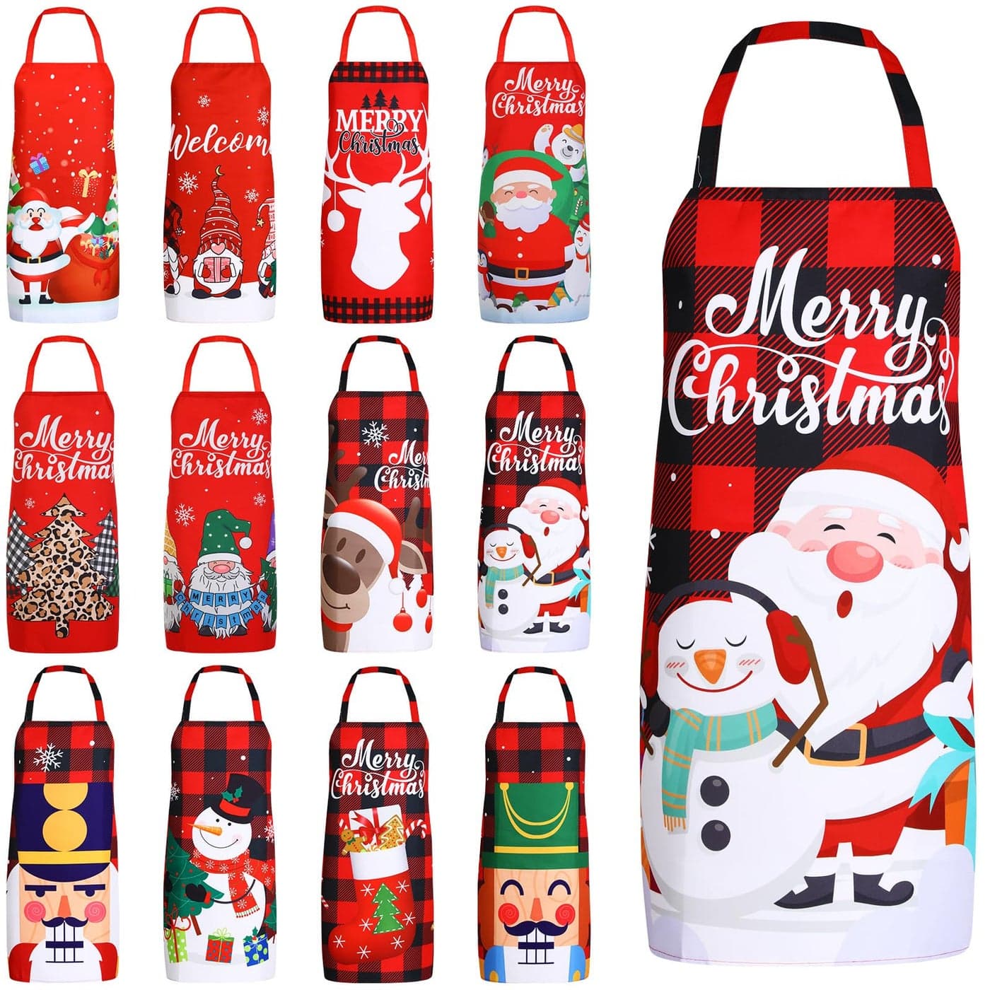 Suhine 12 Pcs Christmas Aprons Bulk Adjustable Red Black Buffalo Plaid Apron for Women Men Cooking Baking Holiday Party FavorSanta Claus