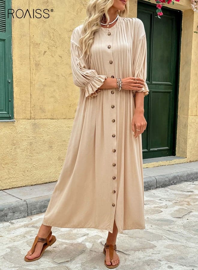 Women's Vintage-Style Maxi Dress Featuring button and pleated details Elegant bell sleeves with a round neckline A-line Skirt, khaki