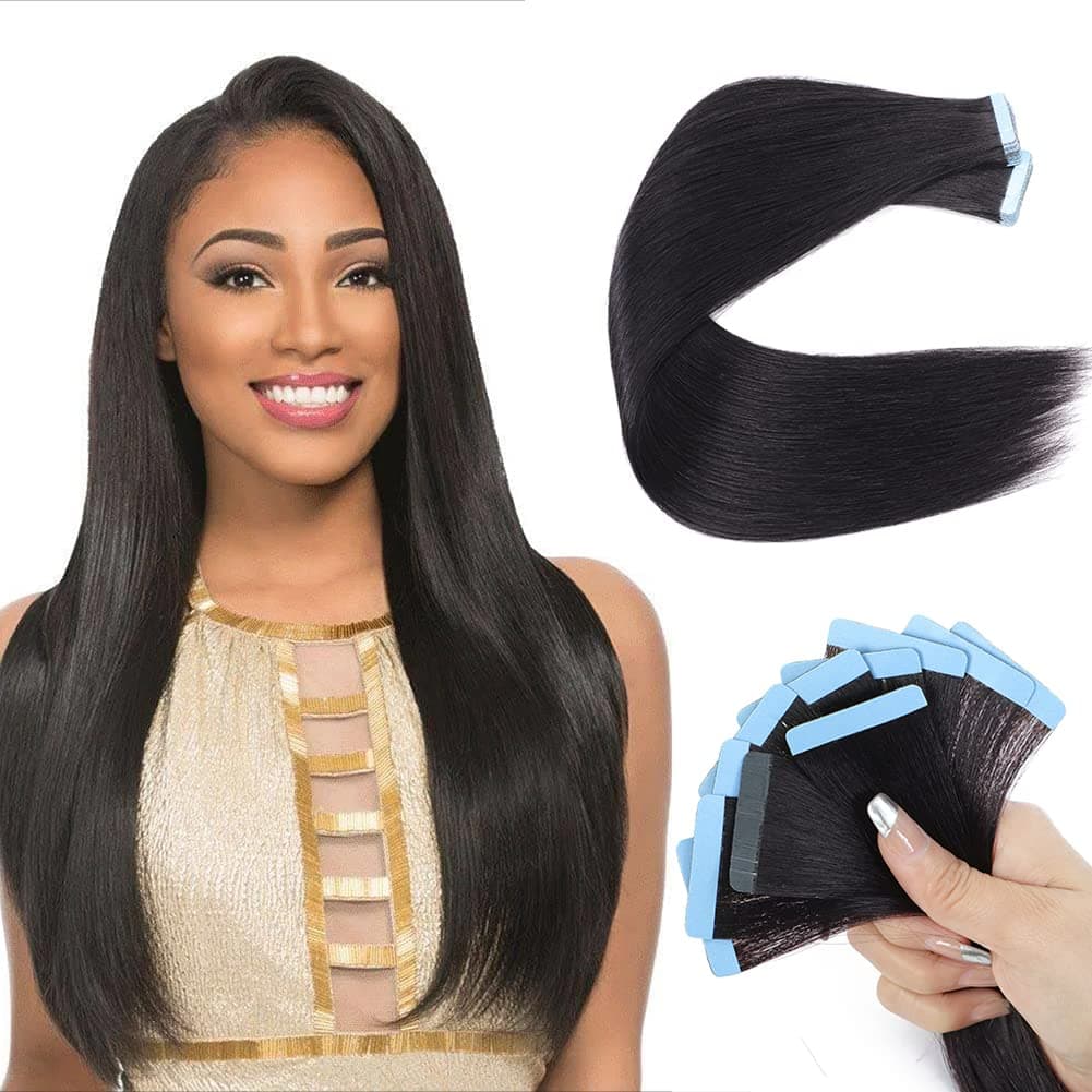 40 PCS Tape in Hair Extensions Human Hair Black Women Yaki Straight Tape in Extensions Human Hair 16 Inch Light Yaki Invisible Skin Weft Double Sided Tape Remy Hair Extensions Natural Black Color