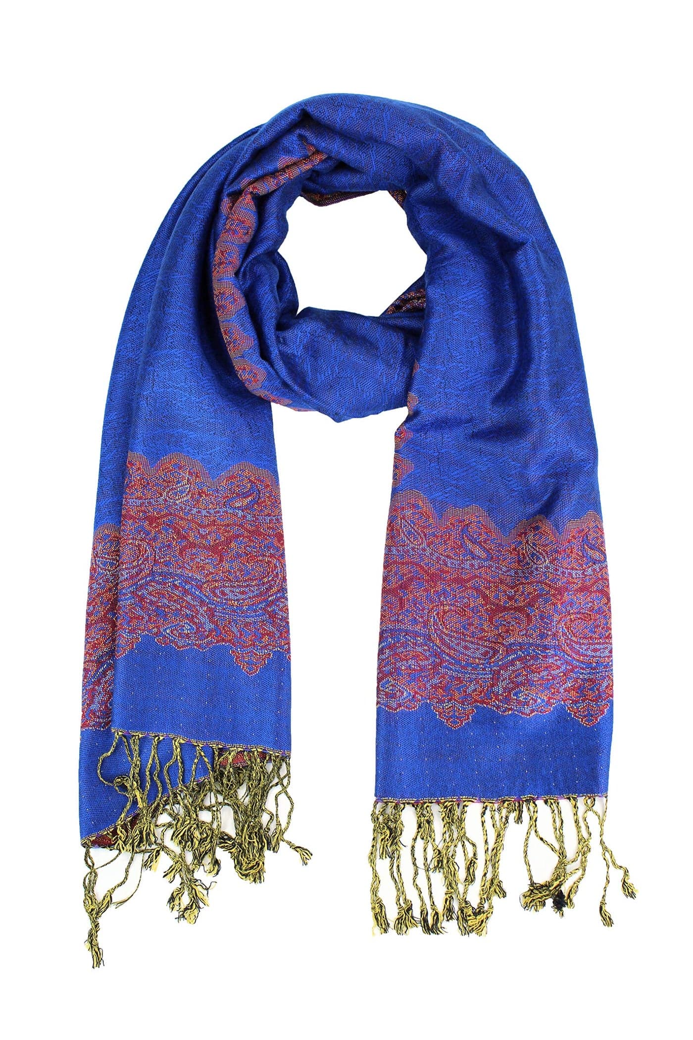 PASKMLNA Women's Double Layered Border Pattern Reversible Pashmina Shawl Scarf Wrap Stole (003-20 Royal)