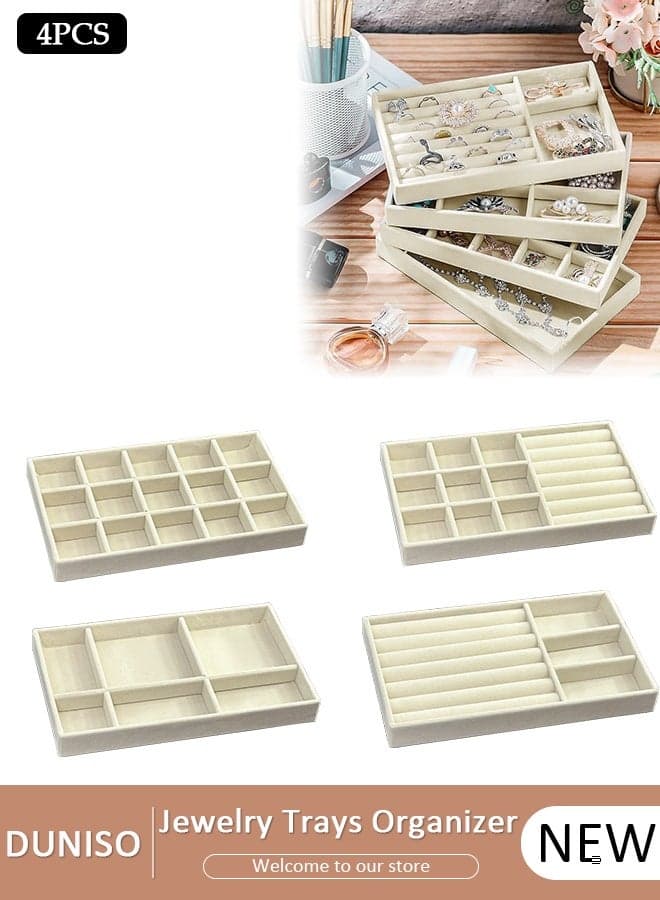 Stackable Jewelry Trays Organizer, Closet Drawer Accessories Tray Set of 4 Drawer Organizer for Earring, Ring, Gadgets & Cosmetics, Display Organizer Necklace Storage Showcase Bracelet Removable Tray