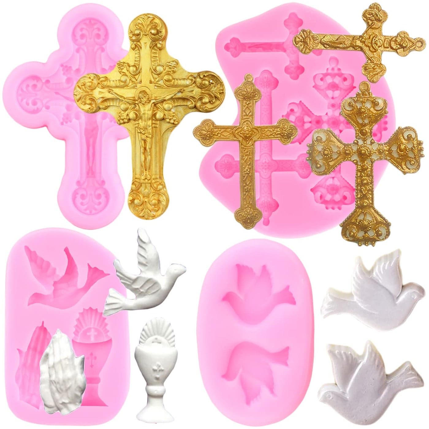 Mujiang Baptism Cake Decorations Cross Cake Mold Cross Silicone Mold Communion Dove Fondant Molds Praying Hand Mold For Baptism Party Cake Decorating Cupcake Topper Candy Chocolate Gum Paste Set Of 4