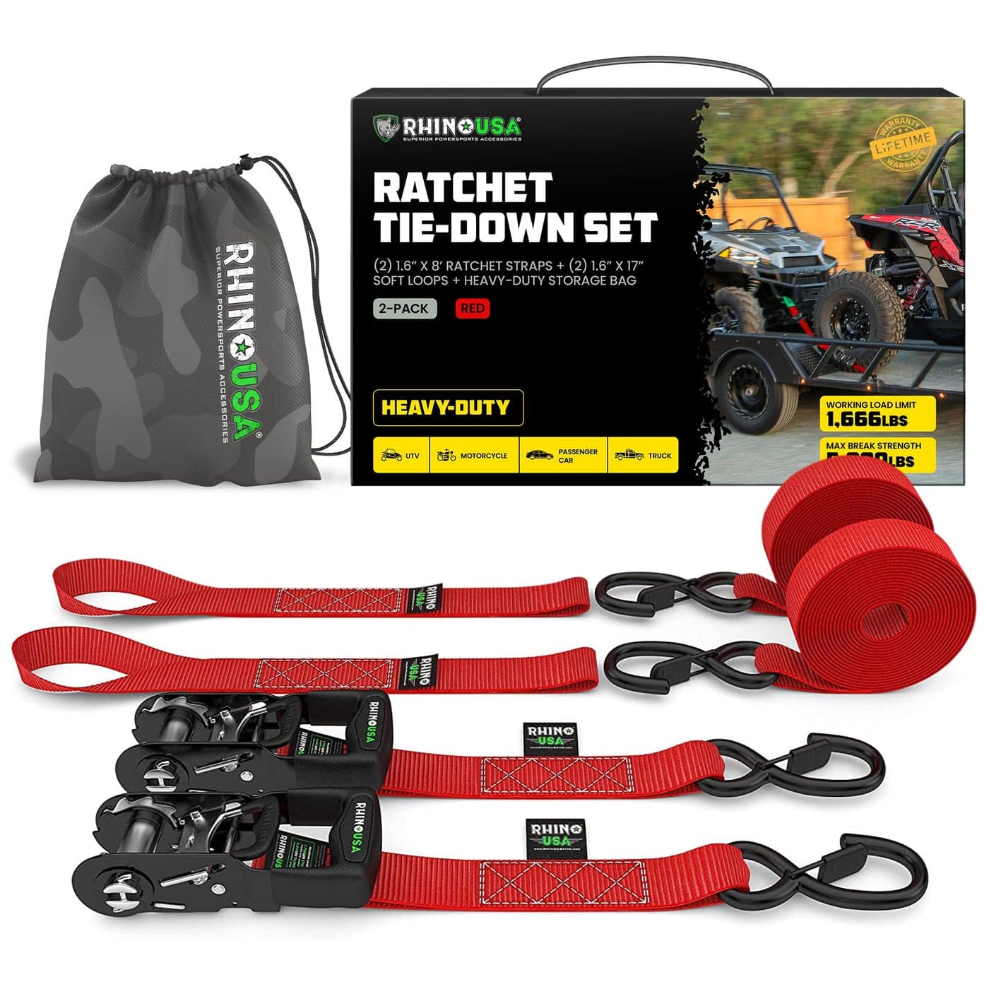 Rhino USA Ratchet Straps Heavy Duty Kit 2Pack 16 Inch x 8 Feet 5208lb Break Strength Ultimate Tie Down Straps with Safety S Hooks for Trucks ATV UTV Motorcycle Cargo More Red