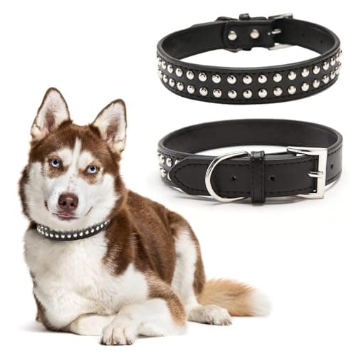 BINGPET Leather Dog Collar,Adjustable Dog Real Split PU Leather Studded Pet Dog Collar,Studded Dog Collar Leather Pet Collars for Small Medium Large Pet - Black L
