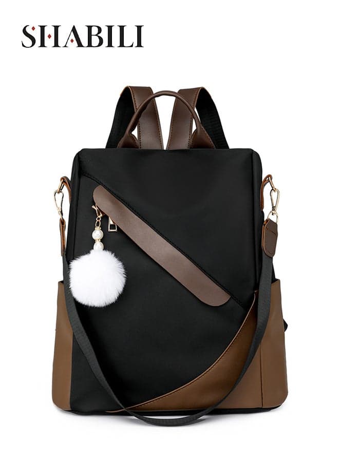 Women Nylon Backpack Back Bag College School Tourist Bag, Ladies Large-Capacity Multi-Pocket Color-Block Fur Ball Pendant Daypack, Youth Daily Casual Party Travel Commute Hiking Versatile