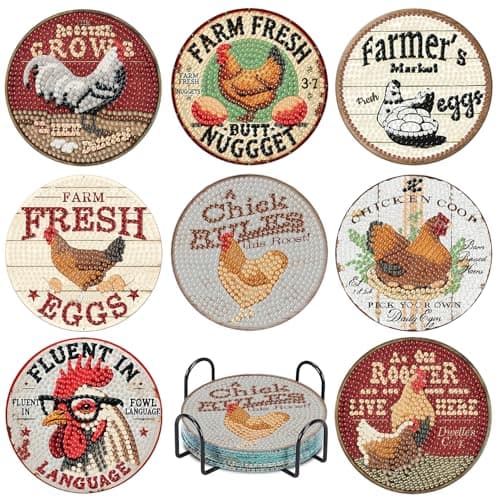 cupmod 8PCs Diamond Paintings Coasters Kits Set Hen Diamond Art Coasters with Holder DIY Crafts Chicken Funny Coasters Diamond Art Kits Adult Craft Diamond Dots Gift