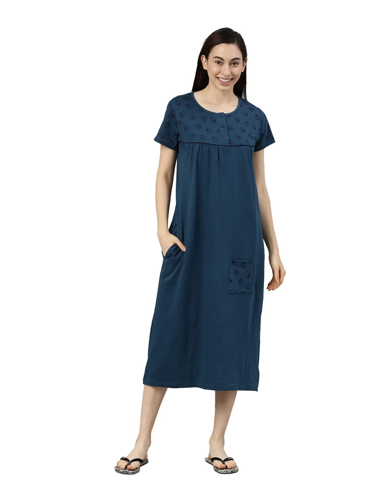 KRYPTIC Womens Teal Blue Printed Pure Cotton Maxi Nightdress(Teal Blue-L)