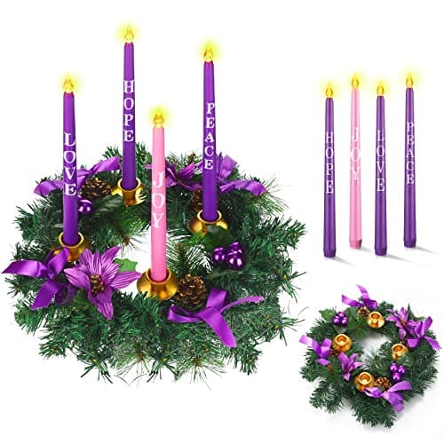 Kathfly 5 Pcs Christmas Advent Wreath with 4 Flameless Candles Holder with Hope Peace Love Joy Candle Christmas Centerpiece Decorations Pine Cones Bowknot for Xmas Advent Holiday Party (Purple)