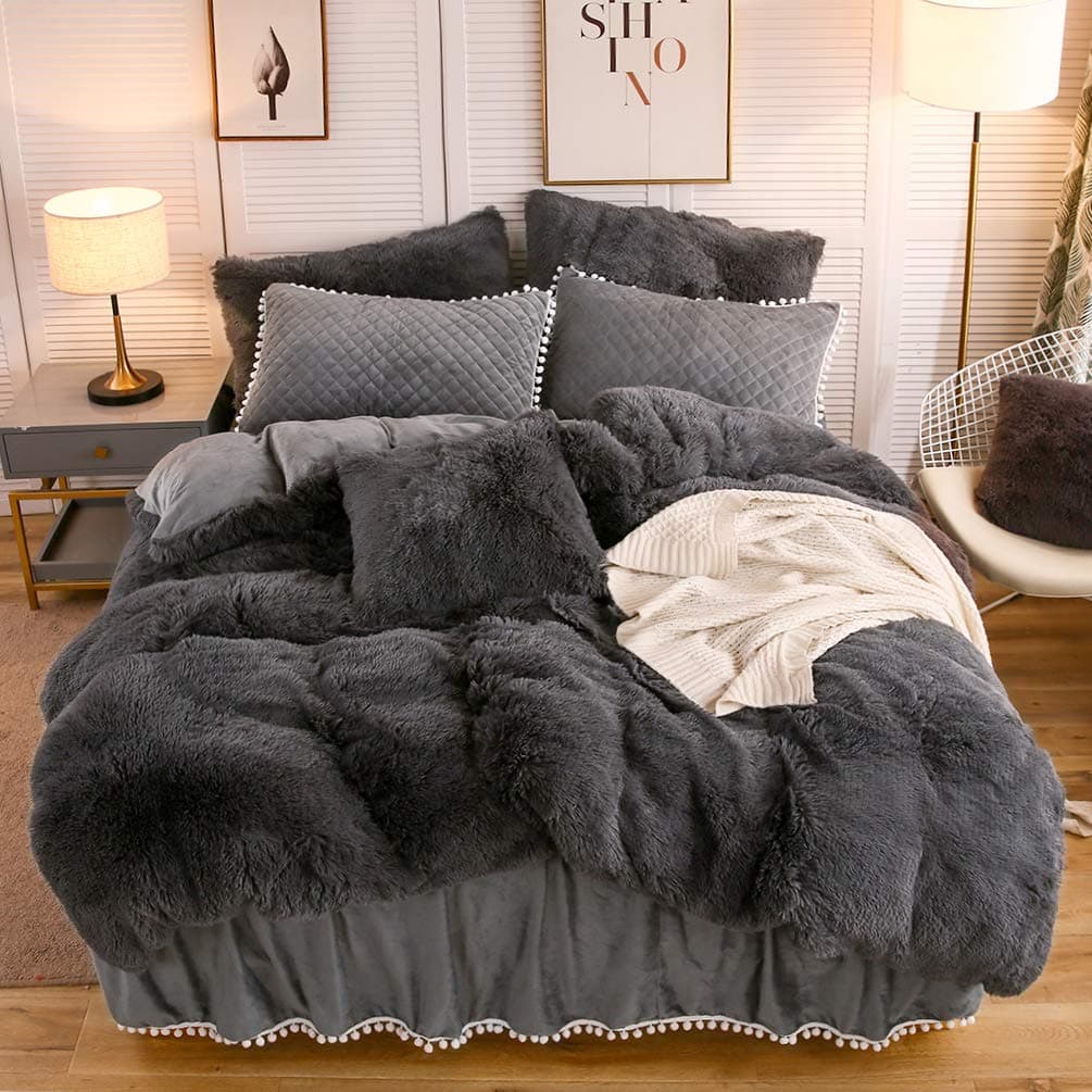 LIFEREVO Luxury Plush Shaggy Duvet Cover Set Soft Velvet Fluffy Furry Duvet Cover Set1 Faux Fur Fuzzy Comforter Cover2 Pom Poms PillowcasesSolid Bedding Set Zipper ClosureFullQueen Dark Gray
