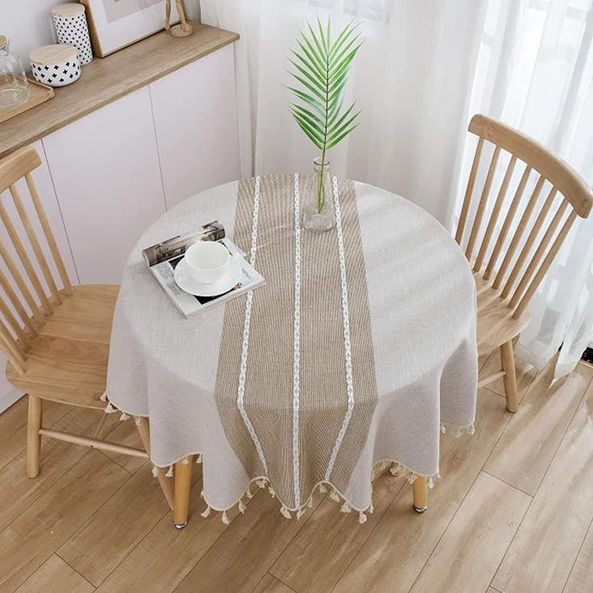 Round Tablecloth, Boho Tassel Embroiderd Round Table Cloth, Simplicity and Fashion Table Cloth Tassel Cotton Linen Table Cover for Kitchen Dinning Wrinkle Free Table Cloths (Coffee, 60 in Round)