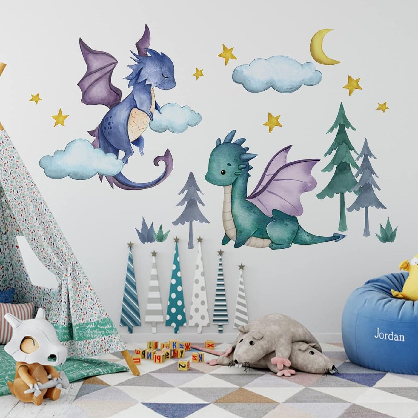 Yovkky Baby Dragon Wall Decals Stickers Moon Stars Clouds Forest Nursery Playroom Decor Kids Room Home Decorations Boys Bedroom Art