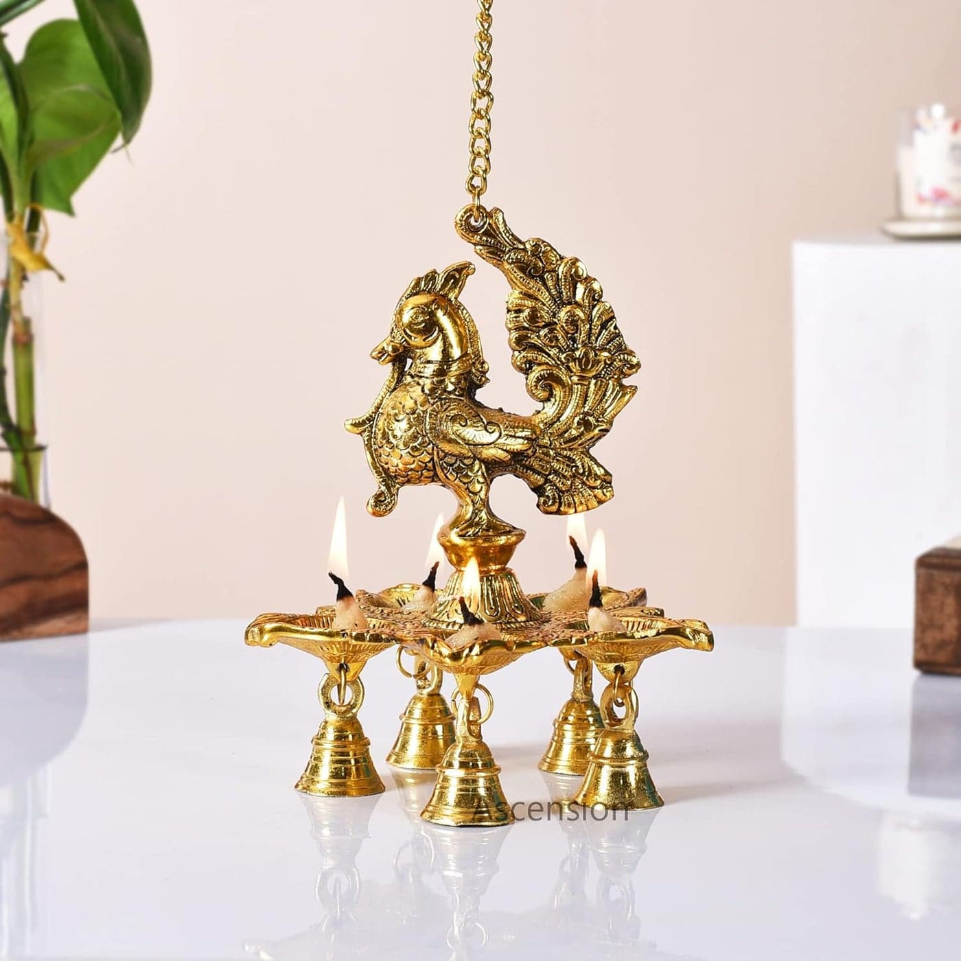 Ascension Antique Peacock Diya with Bells Chain for Home Temple Metal Hanging Diya for Diwali Pooja Room Home Decoration