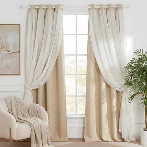 NICETOWN Double-Layer Mix & Match Dressing Biscotti Beige Sheer Plus Blackout Curtains for Girls Bedroom/Living Room, Window Treatment Cortinas para sala (1 Pair, 95 inchs, Tie Backs Included)