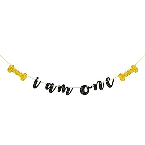 Festiko® Glitter I am One Puppy Banner, Puppy 1st Birthday Banner, Dog Birthday Supplies, Pet Birthday Party Decorations, Black and Gold