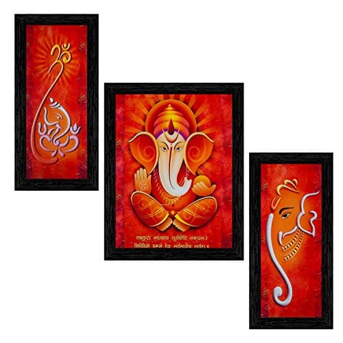 Indianara Set of 3 Lord Ganpati Framed Art Painting (3465BK) without glass 6 X 13, 10.2 X 13, 6 X 13 INCH