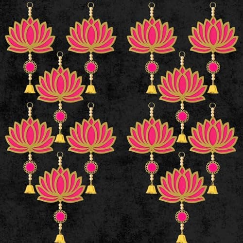 ARLICORPING Wooden Lotus Wall Hanging for Festive Decoration – Diwali, Ganpati, Pooja Room, Mandir, Living Room, Door, Hall, Entrance, Spiritual Decor (Lotus + Bell-Pink, Pack of 12)