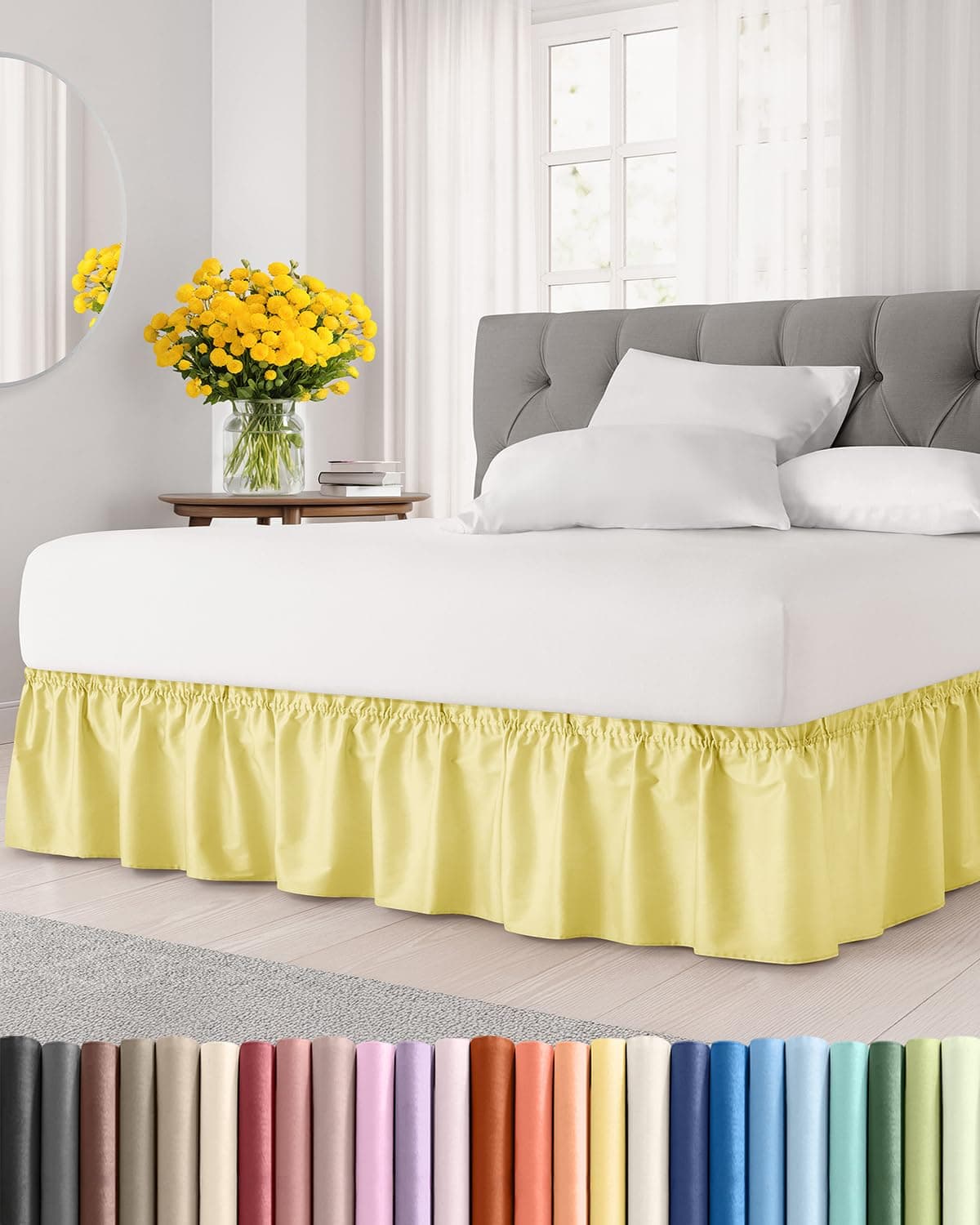 Wrap Around Dust Ruffle Bed Skirt Yellow for King Size Beds with 12 Inch Drop Easy Fit Elastic Strap Adjustable Pleated Bedskirt wBrushed Fabric Wrinkle Free for Women Men Kids Teens