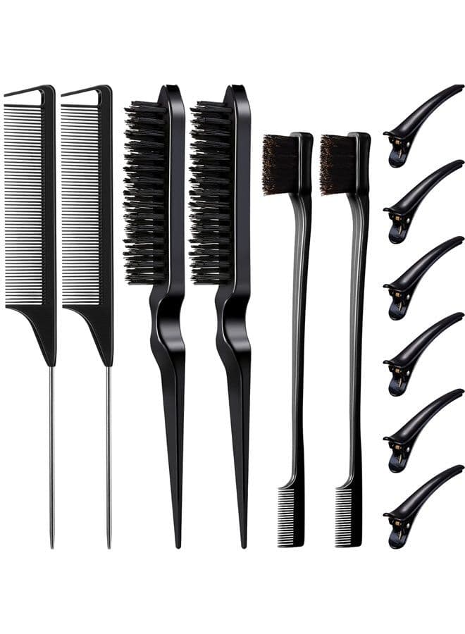 12 Pieces Hair Brush Set, Nylon Teasing Hair Brushes 3 Row Salon Teasing Brush, Double Sided Hair Edge Brush Smooth Comb Grooming, Rat Tail Combs with Duckbill Clips for Women Girls (Black)
