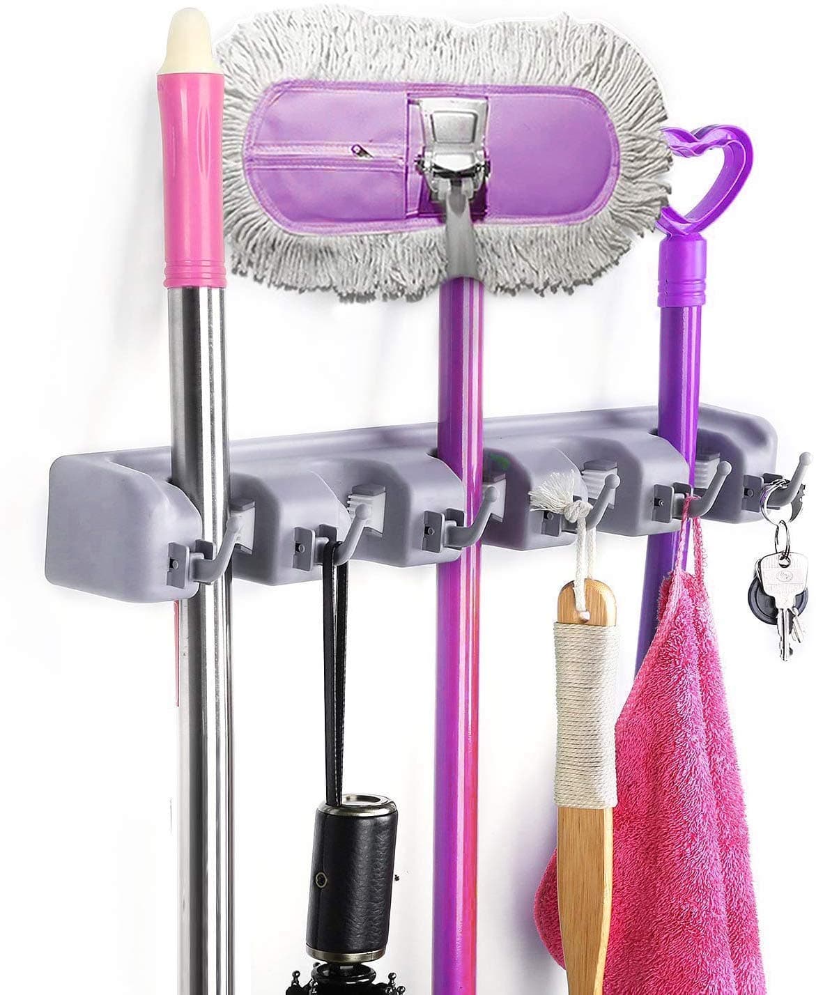 OZKET Plastic 2 In1 5 Slots and 6 Hooks Wall Mounted Magic Mop Broom Sticks Hanger Stand Organizer Holder Multicolour
