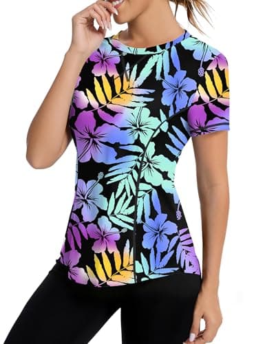 Avoogue SPF Shirts for Women Short Sleeve Athletic Sports Moisture Wicking Shirts Workout Swim Hiking Tops Rashguard(Colorful Leaves,L)