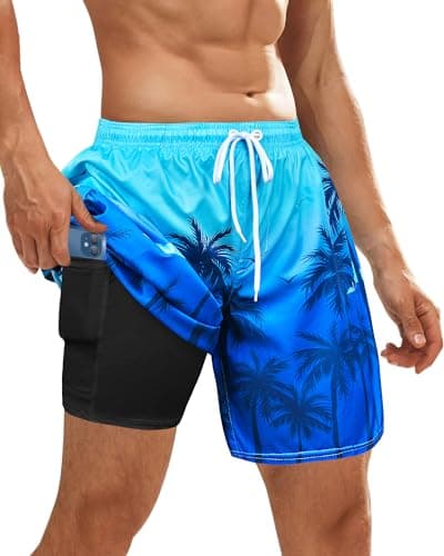OlyPegic Men's Swim Trunks Board Shorts Mens Bathing Suit Beach Shorts Quick Dry Swimwear Swimsuit with Compression Liner Men 2 in 1 Swim Trunks Men 7 Inch with Zipper Pock (Coconut Tree)