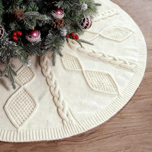 48 inch Christmas Tree Skirt Diamond Braided Cable Knit Tree Skirt for 75ft Tree Cream White Tree Skirt Vintage Tree Skirts Rustic Farmhouse Christmas Decorations