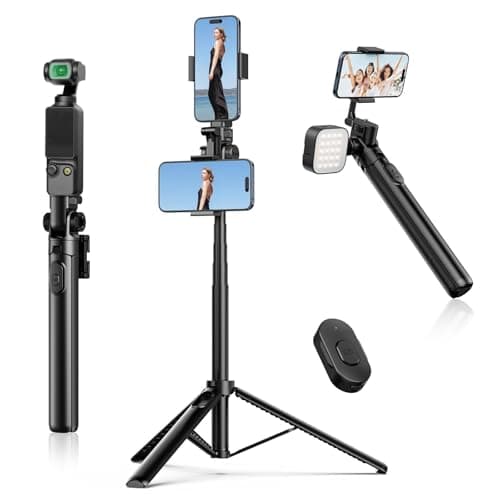 ULANZI MT-70 Extendable Tripod, 63" Selfie Stick Vlog Tripod Stand with 2 Phone Clips as Teleprompter, 360° Rotate Camera Holder for iPhone, Sony, Canon, DJI Osmo Nano, Lightweight for Travel, Black