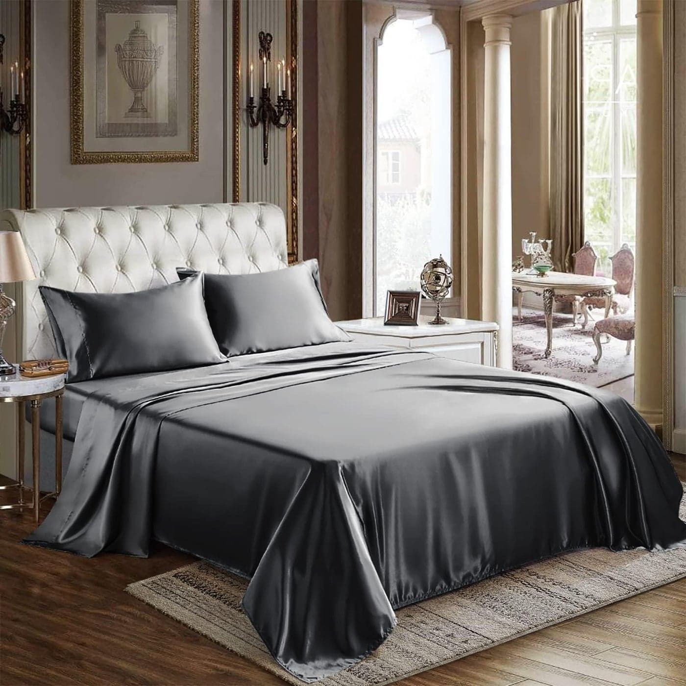 CozyLux Satin Sheets King Size 4 Piece Dark Grey Bed Sheet Set with Silky Microfiber 1 Deep Pocket Fitted Sheet 1 Flat Sheet and 2 Pillowcases Smooth and Soft