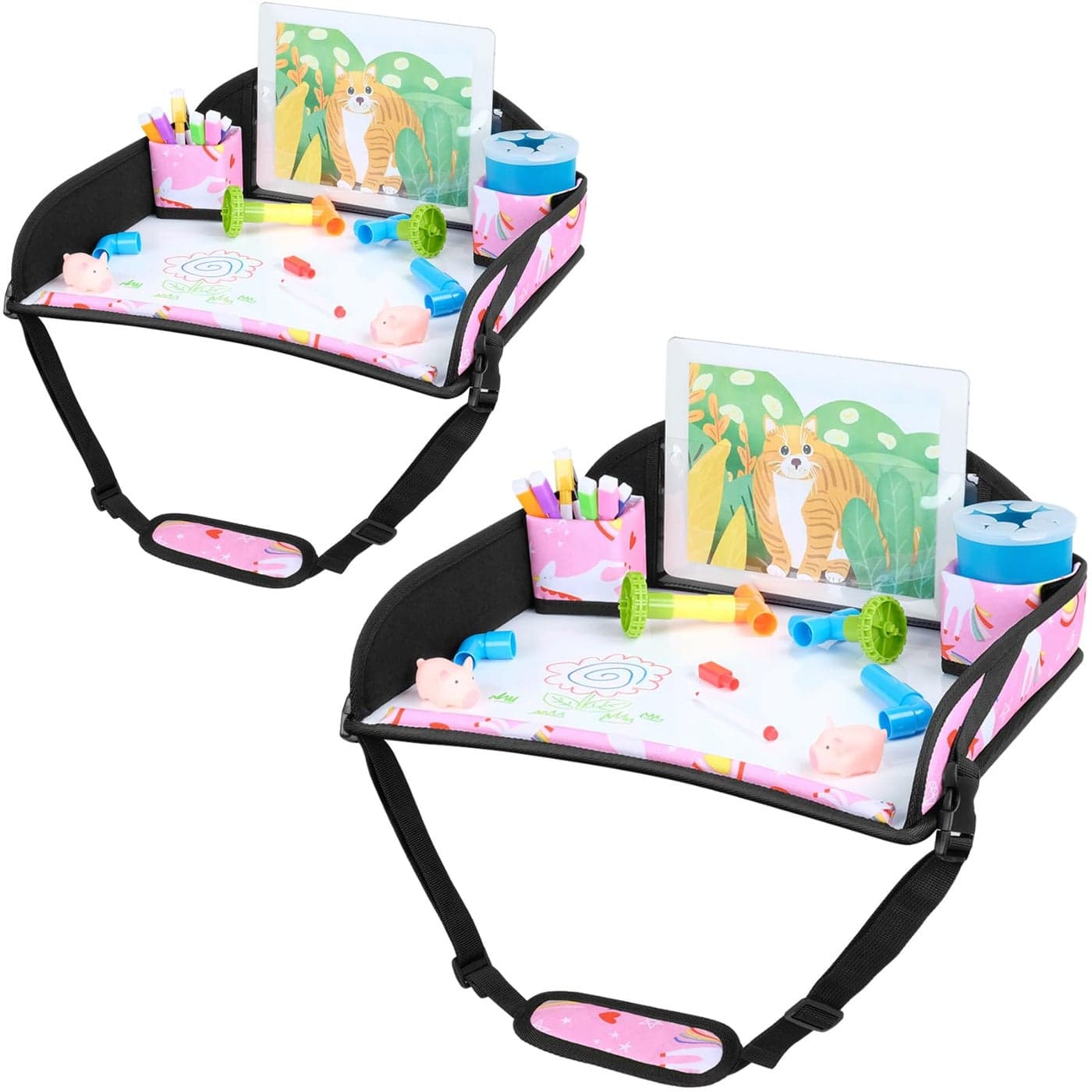 COOLBEBE Kids Travel Tray for Toddler Car Seat Travel Tray for Airplane Toddler Car Seat Lap Tray Carseat Table Tray for Kids Travel Activities Pink Unicorn 2PCS