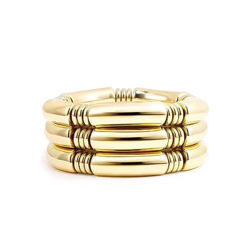 3pcs Gold Chunky Bangles Bracelets For Women 14k Gold Plated Stack Layered Curved Bamboo Tube Stretch Bracelets Gift Jewelry