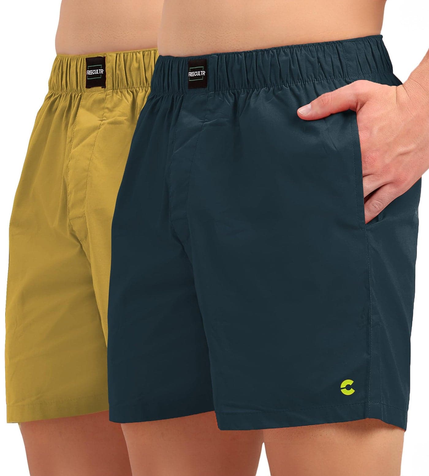 Freecultr Regular Fit Ultralight All Day Boxer Shorts for Men | 100% Cotton Fabric, Dual Deep Side Pocket, Microfibre Waistband Size XL Pack of 2-Hawaiian Blue,Yellow