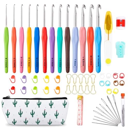 INSCRAFT 67 Pack Crochet Hooks Set, 13 PCS 2mm(B)-10mm(N) Ergonomic Soft Grip Crochet Handles Yarn Knitting Needles Kit with Case for Arthritic Hand, Crochet Starter Kit for Beginners and Lovers