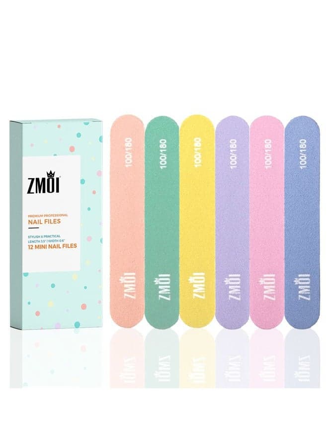 Professional Mini Nail File – 12 Stylish - Practical Fingernail File Pack for Natural and Acrylic Nails 100/180 Emery Boards (Macaroon color)