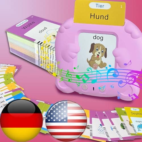 HALCONTORNO Bilingual English German Flash Cards Deutsch Talking Flash Cards for Kids Pocket Speech for Toddlers 312 Educational Learning Toys Audible Gift Play Cards Autism Sensory Toys Pink