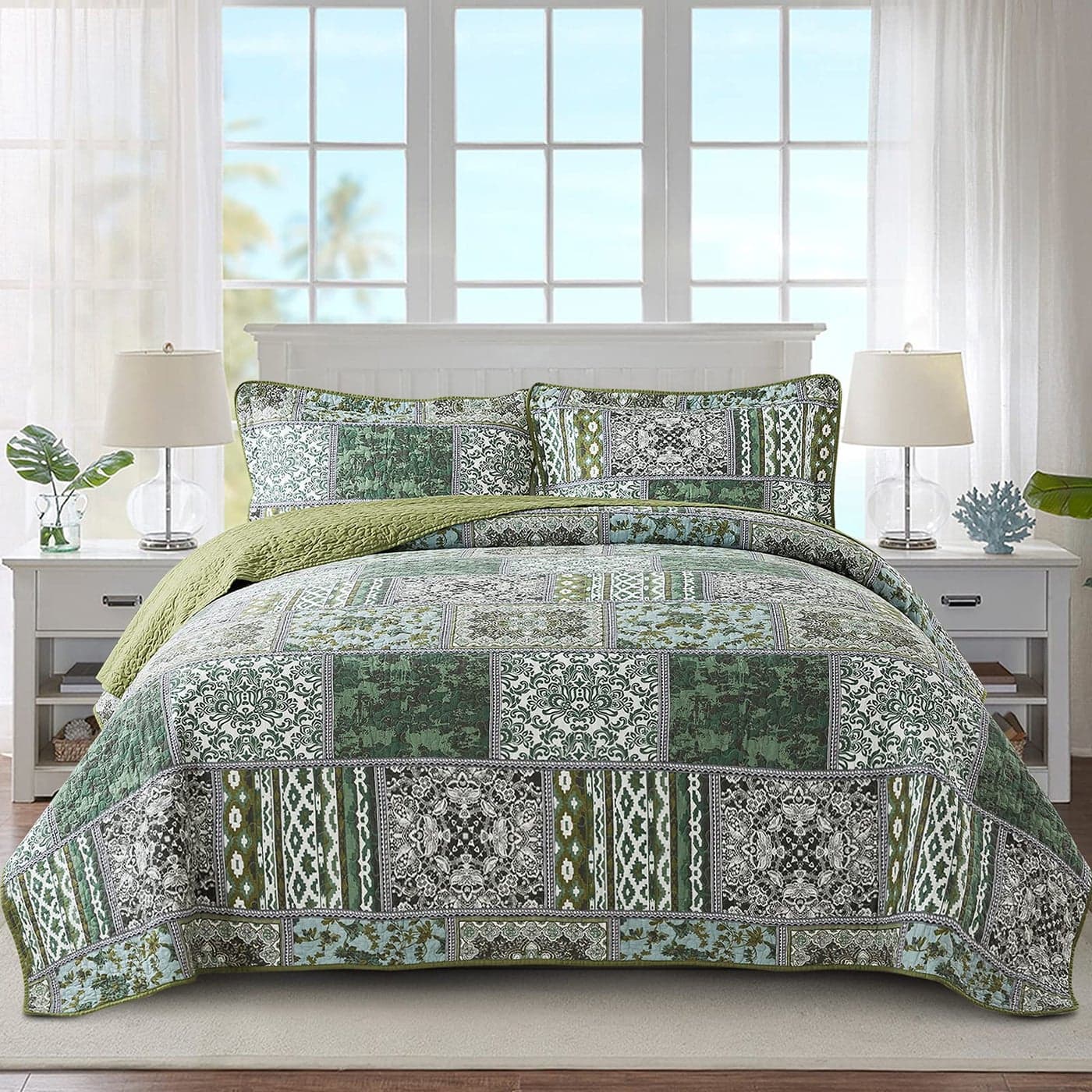 NEWLAKE Cotton Bedspread Quilt SetsReversible Patchwork Coverlet Set Green Classic Bohemian PatternKing Size