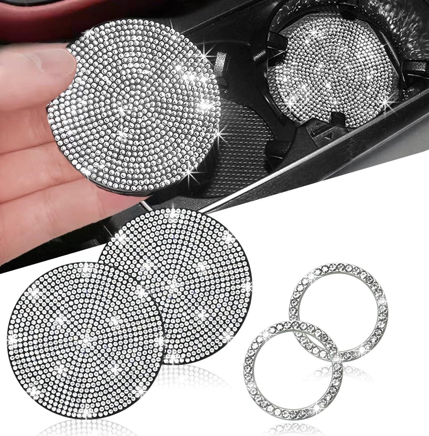 2pcs Bling Car Cup Holder Coasters & 2pcs Push Start Button, 2.75 inch Anti-Slip Shockproof Universal Vehicle Coasters Insert, Bling Car Interior Accessories for Women Suits for Most Cars (White)