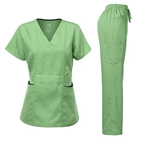 Dagacci Medical Uniform Women's Scrubs Set Stretch Contrast Pocket Apple Green S