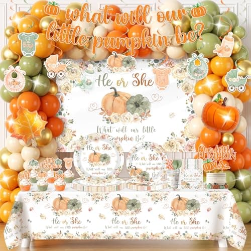 Fall Pumpkin Gender Reveal DecorationHe or She Pumpkin Floral Gender Reveal Theme Party SuppliesAutumn What Will Our Little Pumpkin Be Disposable Plates Napkin Balloons TableclothServe 24