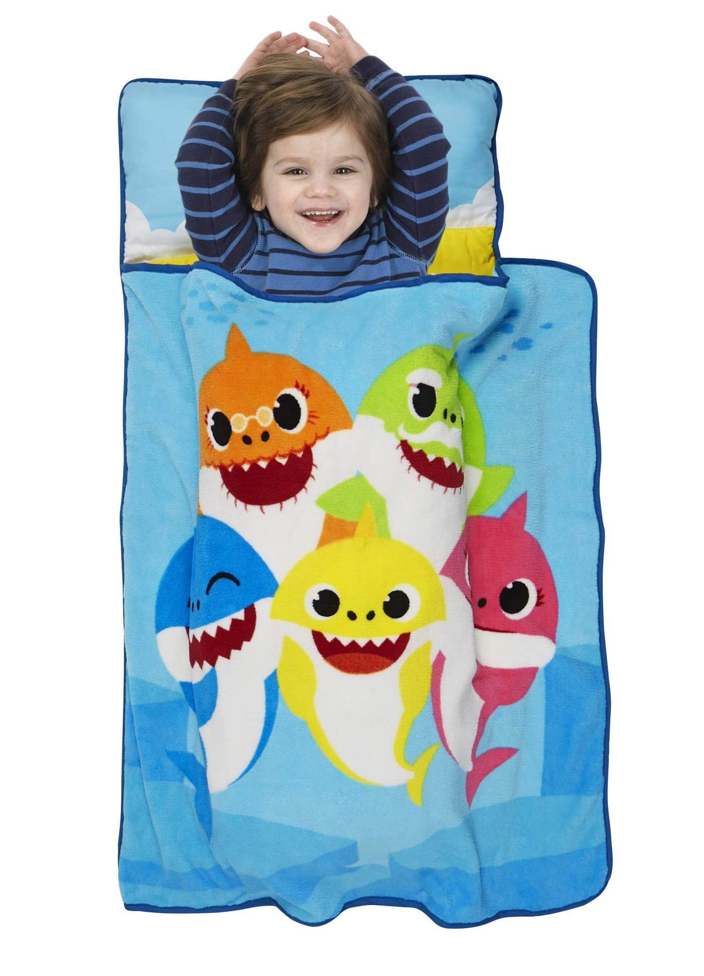 Baby Shark Toddler Nap Mat - Includes Removable Pillow and Plush Blanket – Great for Boys and Girls Napping at Daycare, Preschool, Or Kindergarten - Fits Sleeping Toddlers and Young Children, Blue