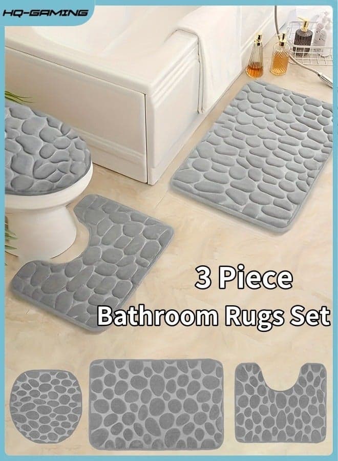 Bathroom Rugs Sets 3 Piece, Cobblestone Flannel Mats Set Extra Thick, Non Slip Bath for Bathroom, Water Absorbent, Washable Tub, Toilet and Floor (Grey)
