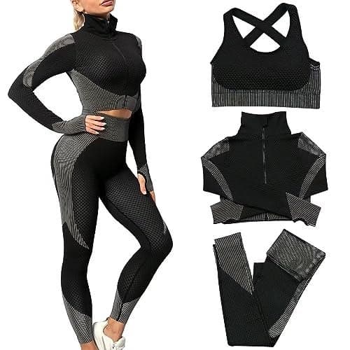 SINBRLAI Women's 3pcs Seamless Workout Outfits Sets, Yoga Sportswear Tracksuit Leggings and Stretch Sports Bra Fitness