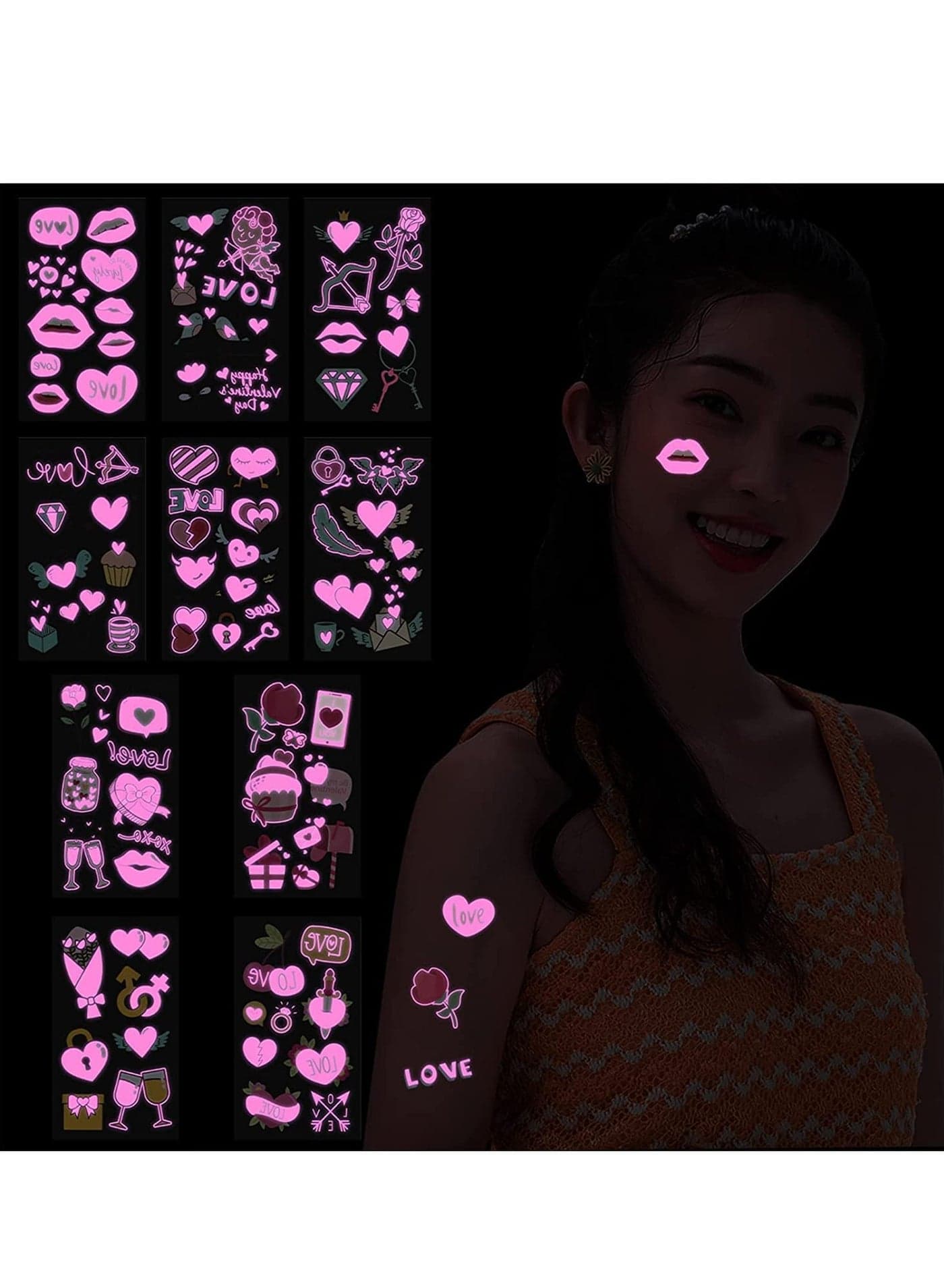 Neon Temporary Tattoos 10 Sheets Pink Love Cupid Lips Rose Shimmer Designs Glow In The Dark Stickers Flash Fake