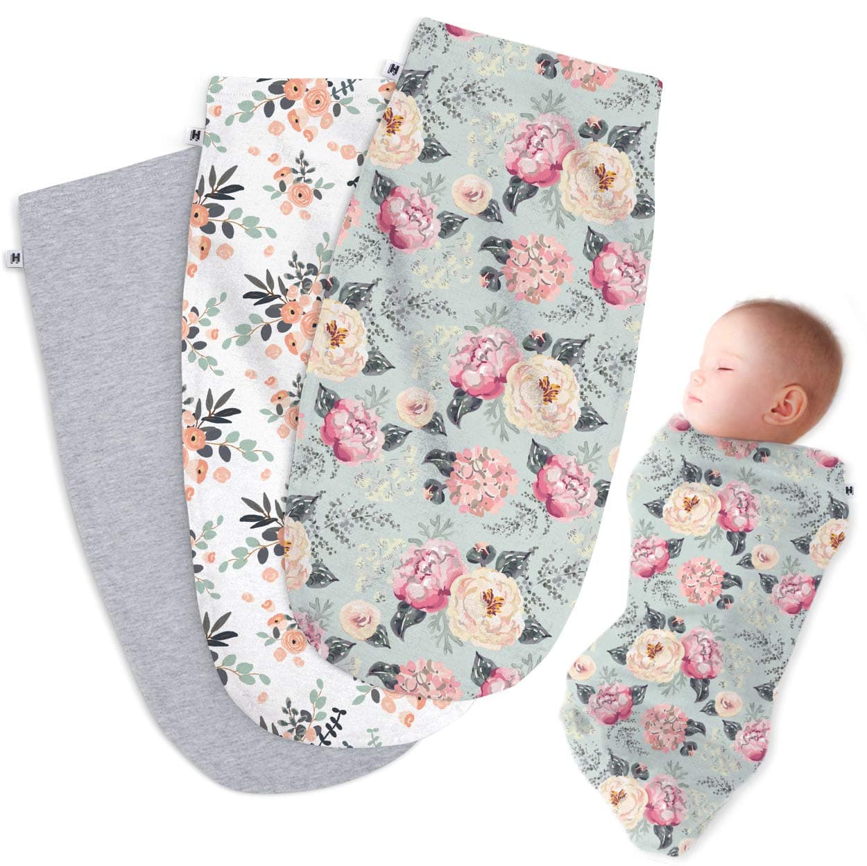 Henry Hunter Baby Swaddle Sack The Simple Swaddle Soft Stretchy Cotton Swaddles for Newborns Baby Swaddles 03 Months Swaddle Blankets Baby Girl Pack of 3 Peony Bouquet Light Heather