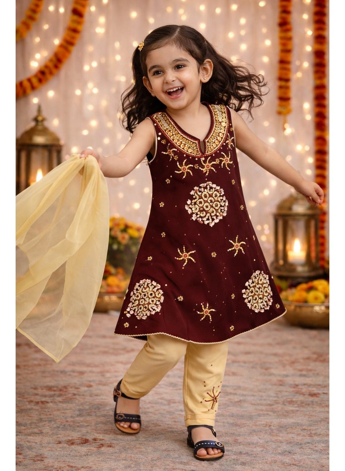 Girls Ethnic Wear 3-Piece Festive Outfit (4–5 Years) – Embroidered Kurti, Pants & Dupatta | Maroon & Cream | Party & Occasion Wear