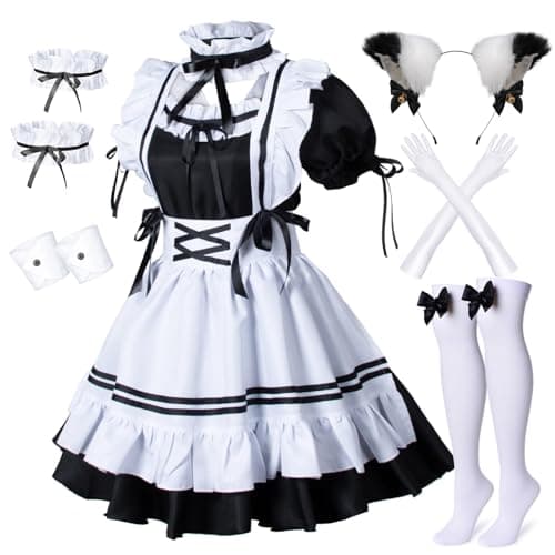 Wannsee Anime French Maid Apron Lolita Fancy Dress Cosplay Costume Furry Cat Ear Gloves Socks setS