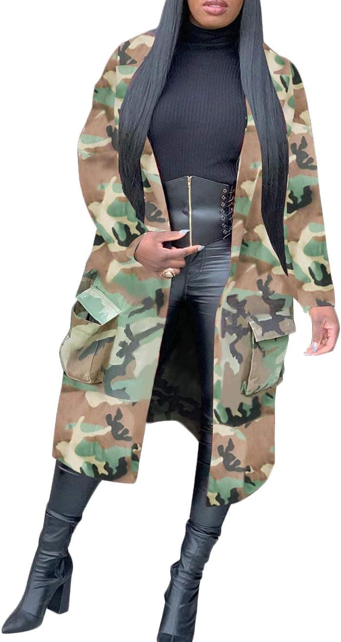 Vakkest Women's Camo Blazer Jacket - Long Sleeve Open Front Cardigan with Pockets